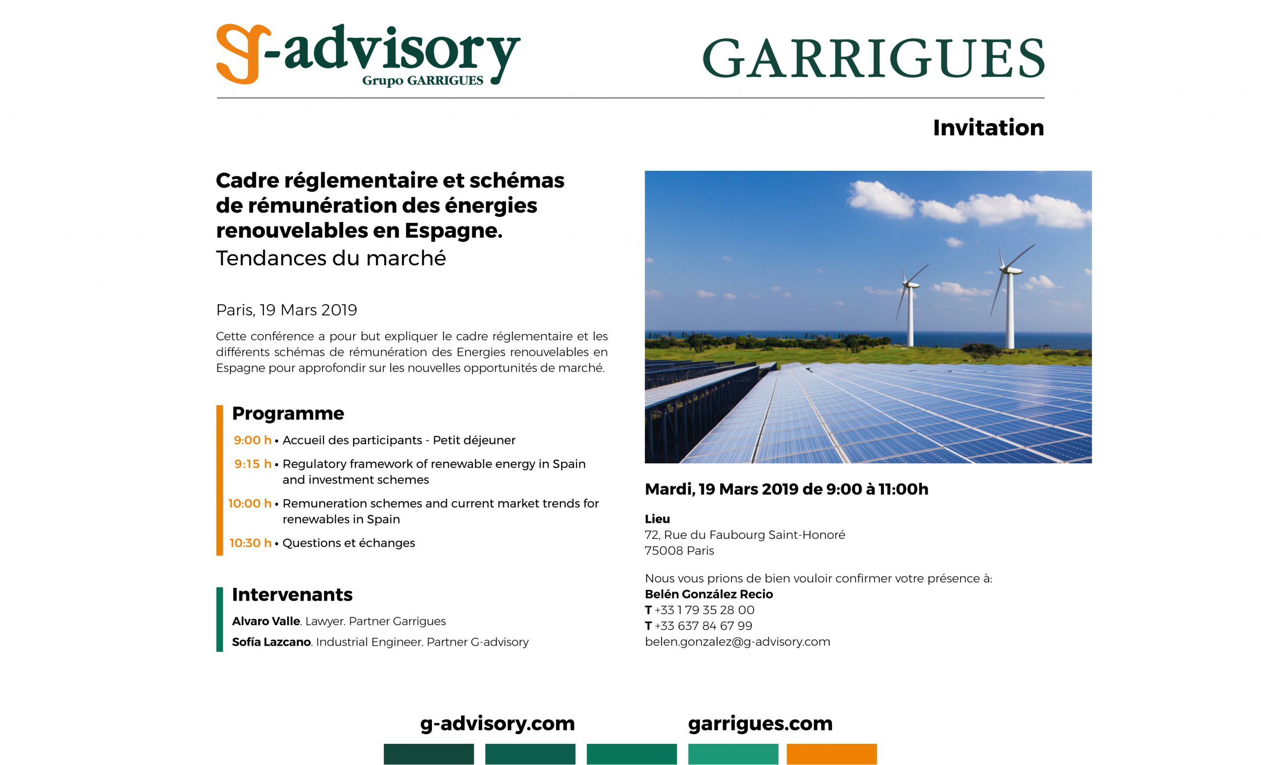 Petit-déjeuner – conférence à Paris: le cadre réglementaire et les systèmes de rémunération pour les projets d’énergie renouvelable en Espagne
